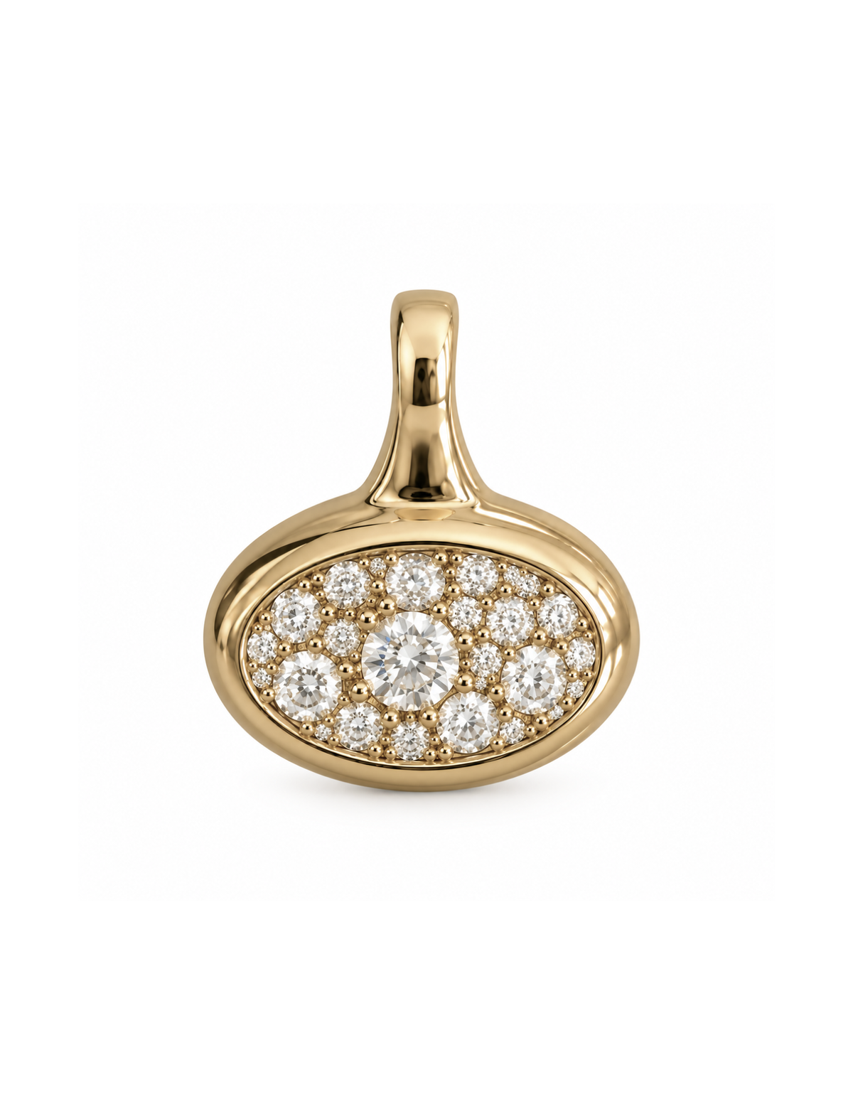An oval gold pendant featuring a pavé setting of clear round diamonds with a central round diamond, shown on a plain white background.