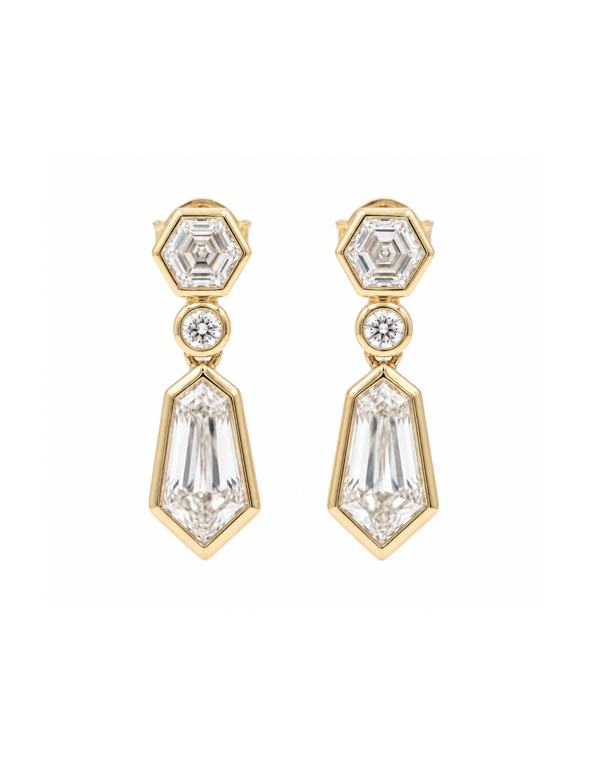 A pair of gold drop earrings with clear baguette-cut and round-cut gemstones, displayed on a clean white background.