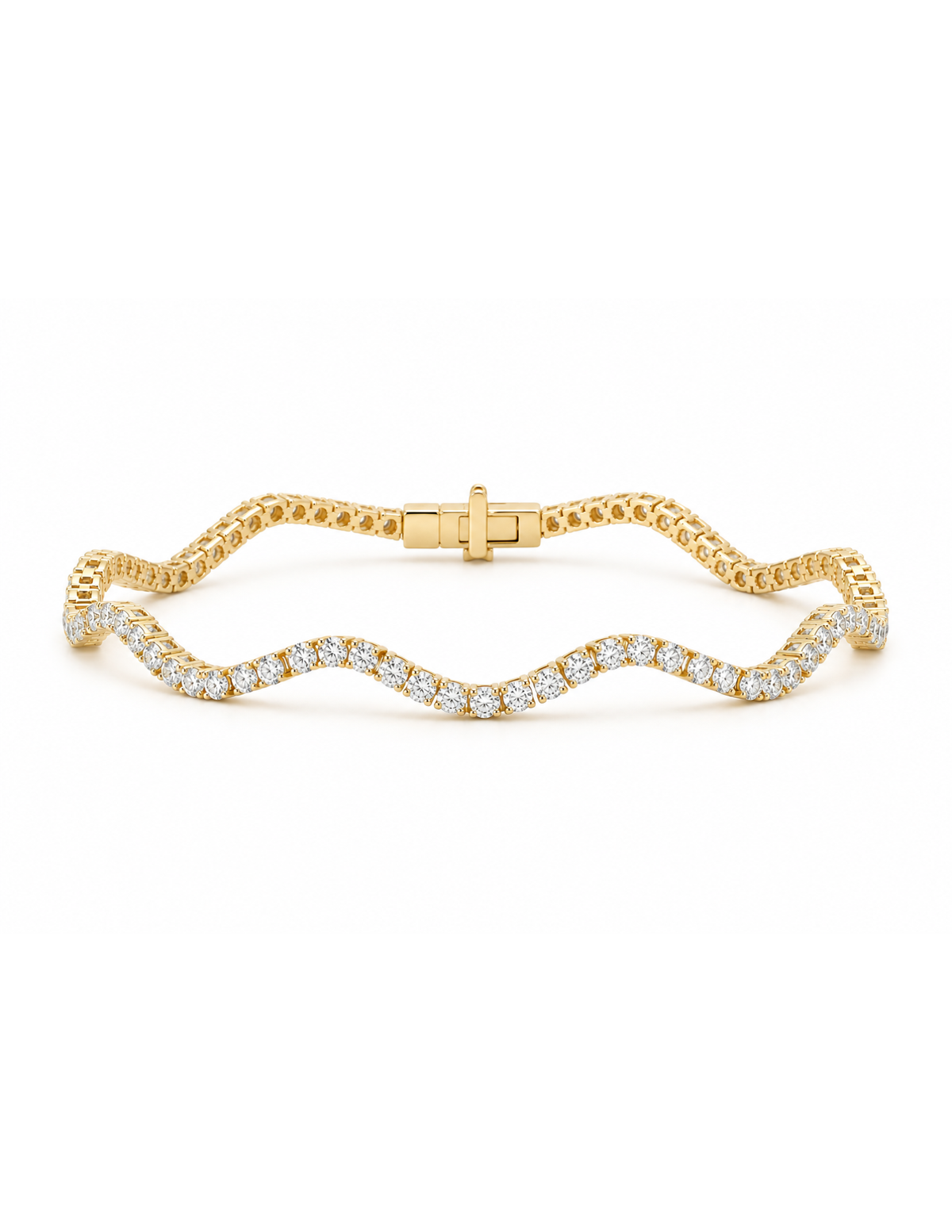A yellow gold wavy tennis bracelet with pavé-set clear stones along the front curve, featuring a matching gold box clasp, shown on a plain white background.