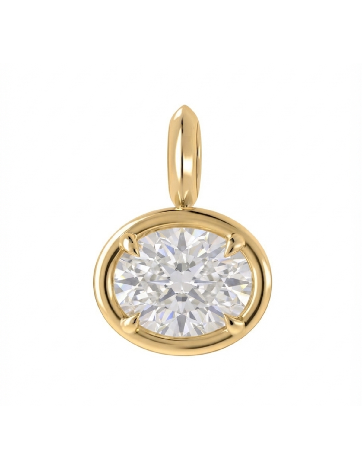 A round-cut diamond pendant in a polished yellow gold bezel setting with a bail, shown on a solid white background.