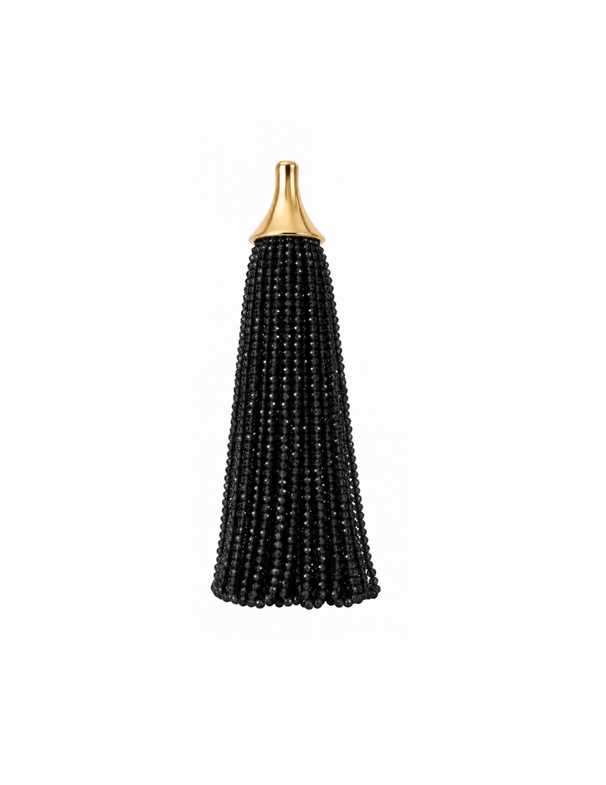 Black beaded tassel with gold accent on a white background