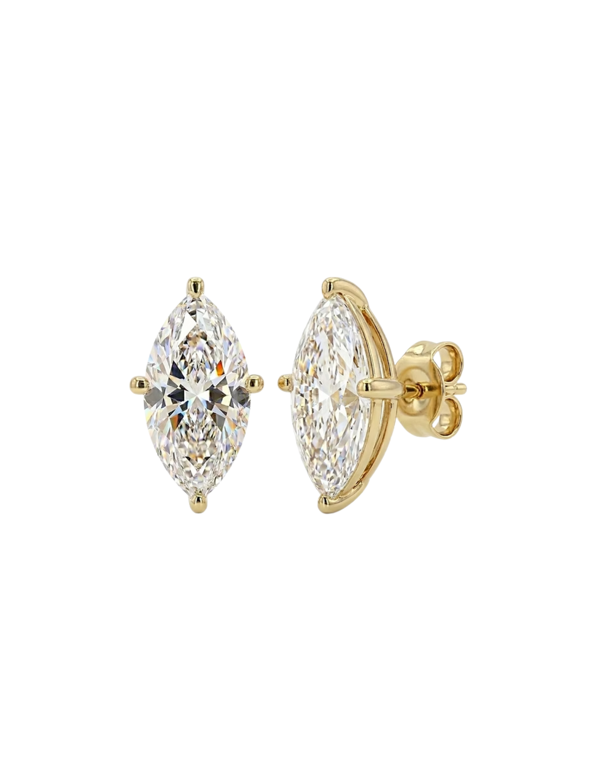A pair of gold marquis stud earrings with marquise-cut clear gemstones, shown on a plain white background with one earring facing forward and the other in side profile.