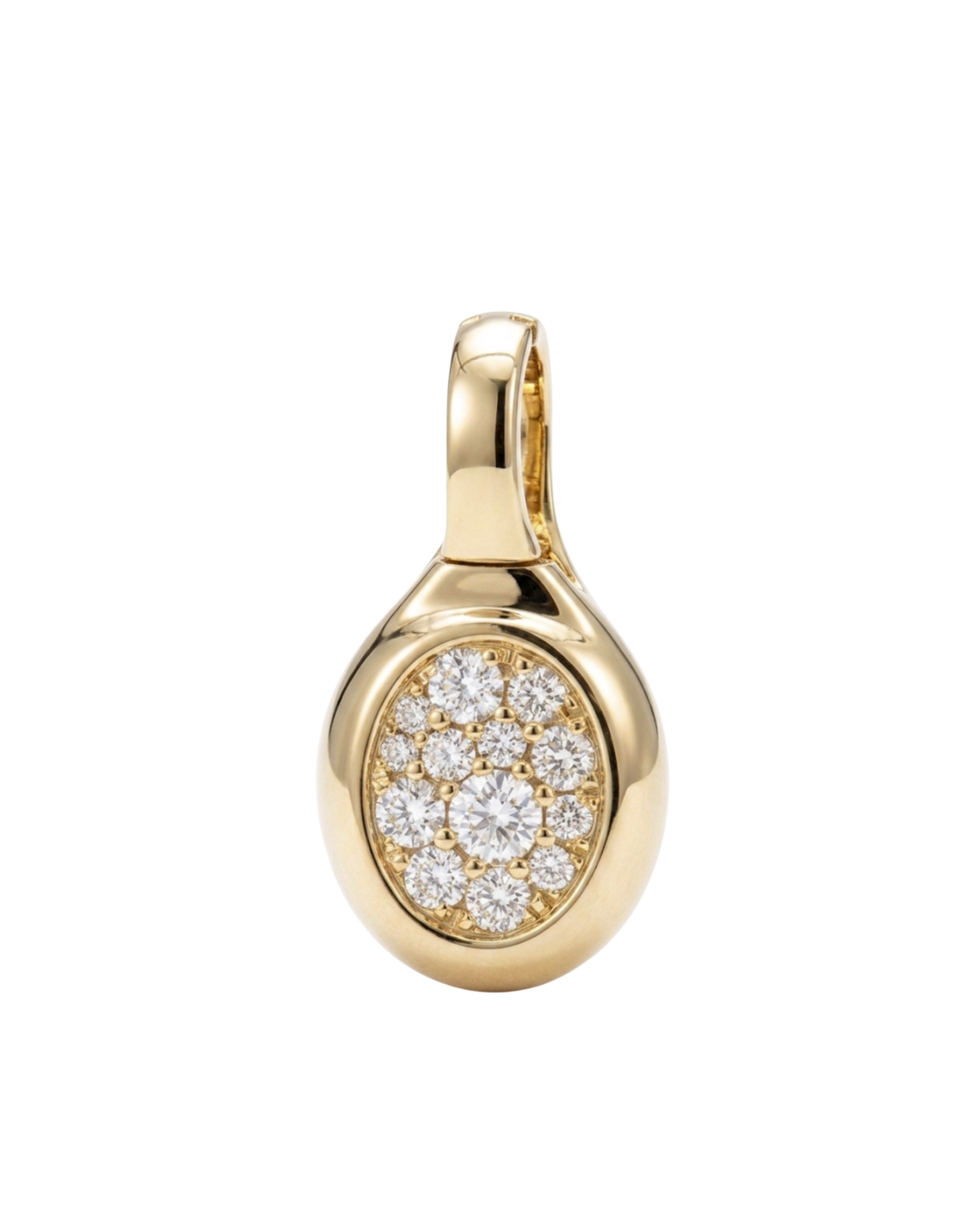 A gold teardrop-shaped pendant featuring a pavé diamond oval face, shown on a solid white background.