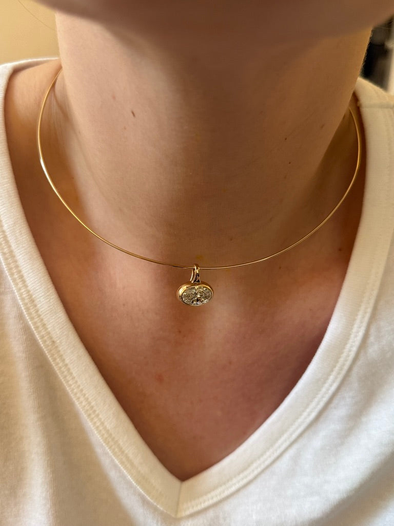 Gold necklace with a pendant worn by a person in a white shirt.