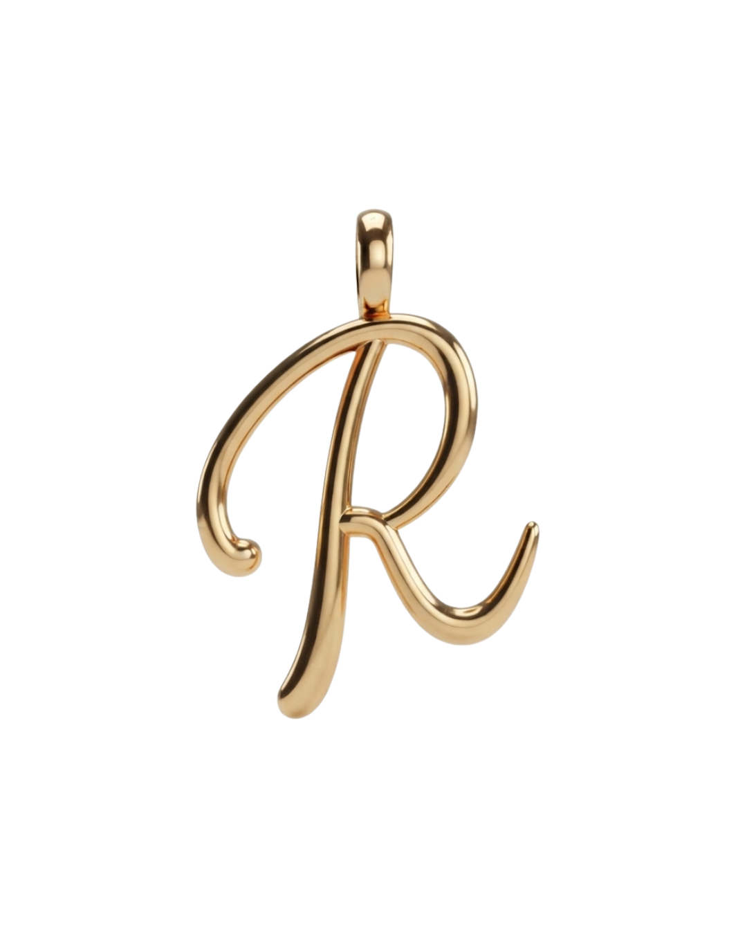 A polished gold initial pendant shaped like the letter 'R', shown on a clean white background.