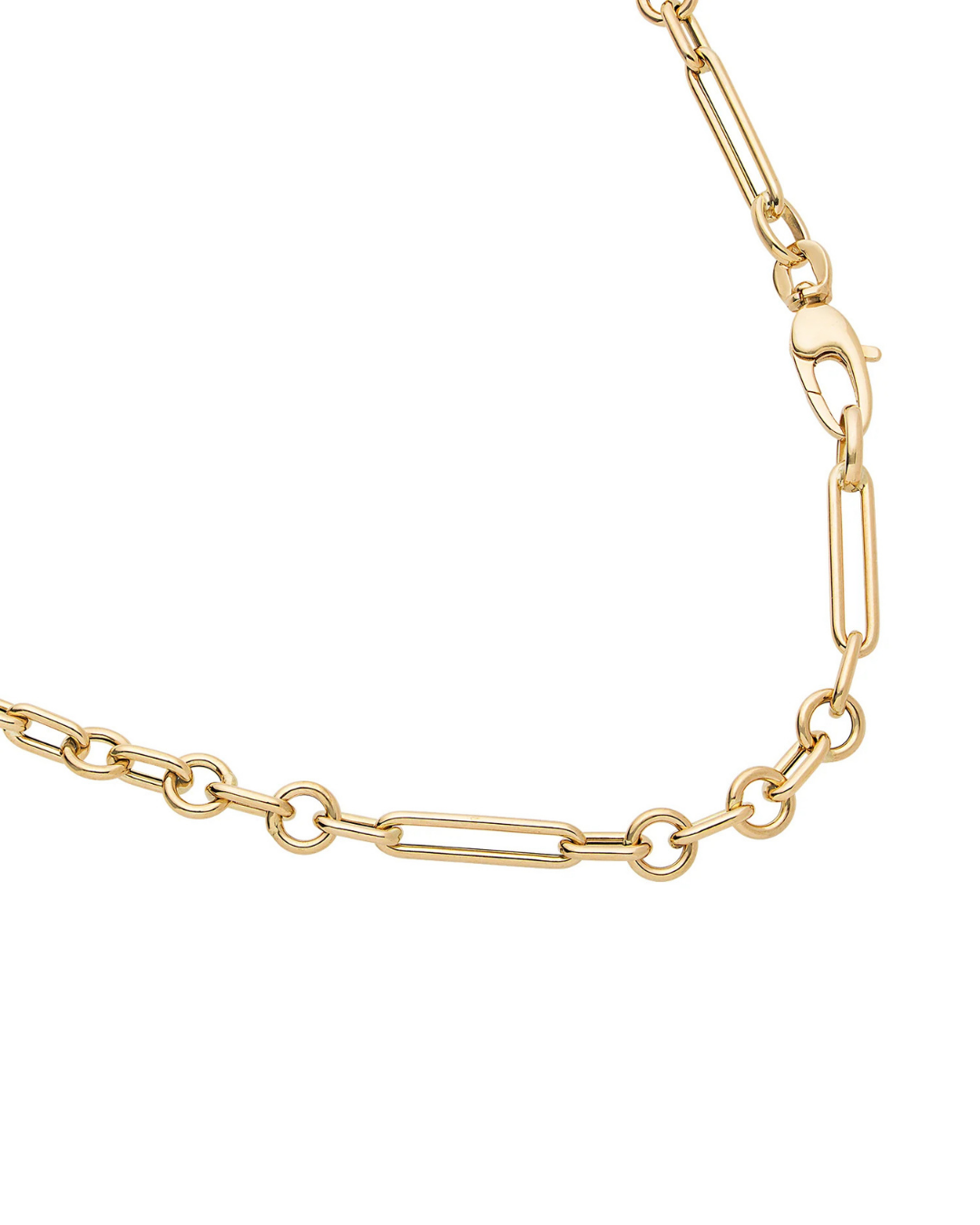 A close-up of a gold-toned chain necklace featuring a mix of paperclip and ring links, with a lobster clasp visible on the upper right, set against a plain white background.
