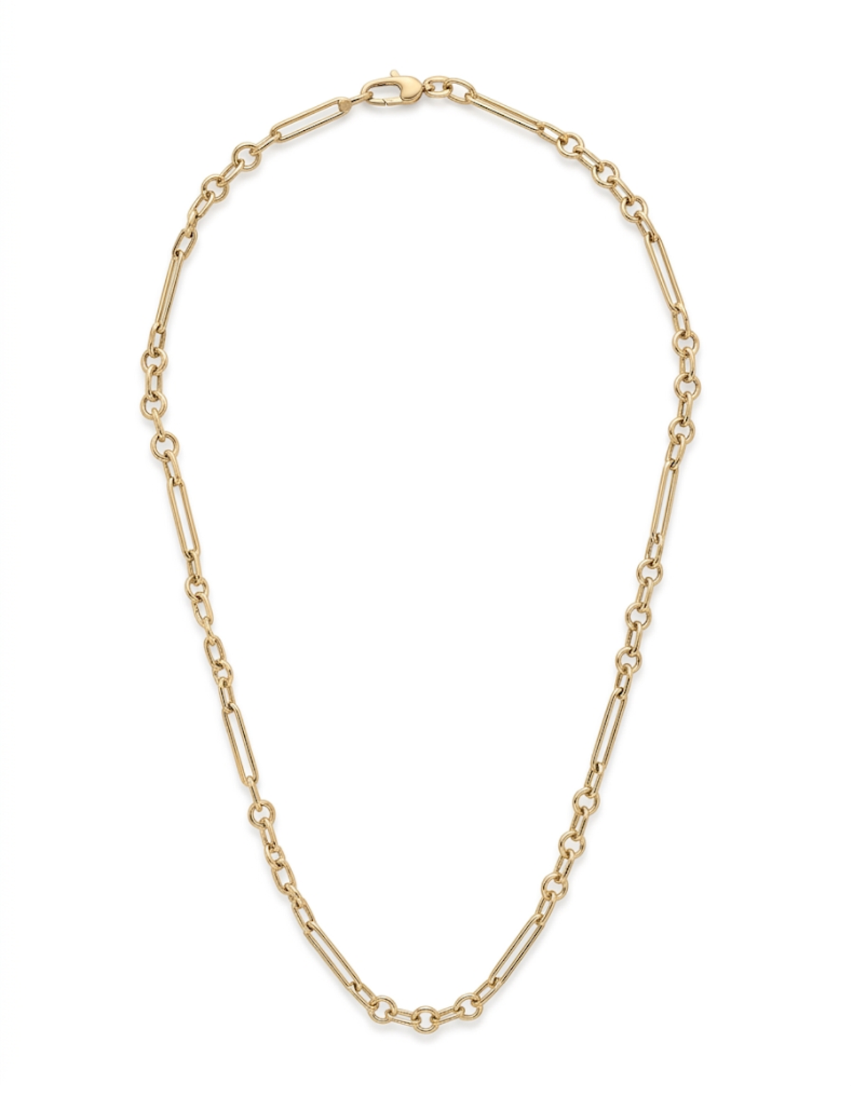A gold chain necklace with a figure-eight link pattern and a lobster clasp, displayed on a clean white background.