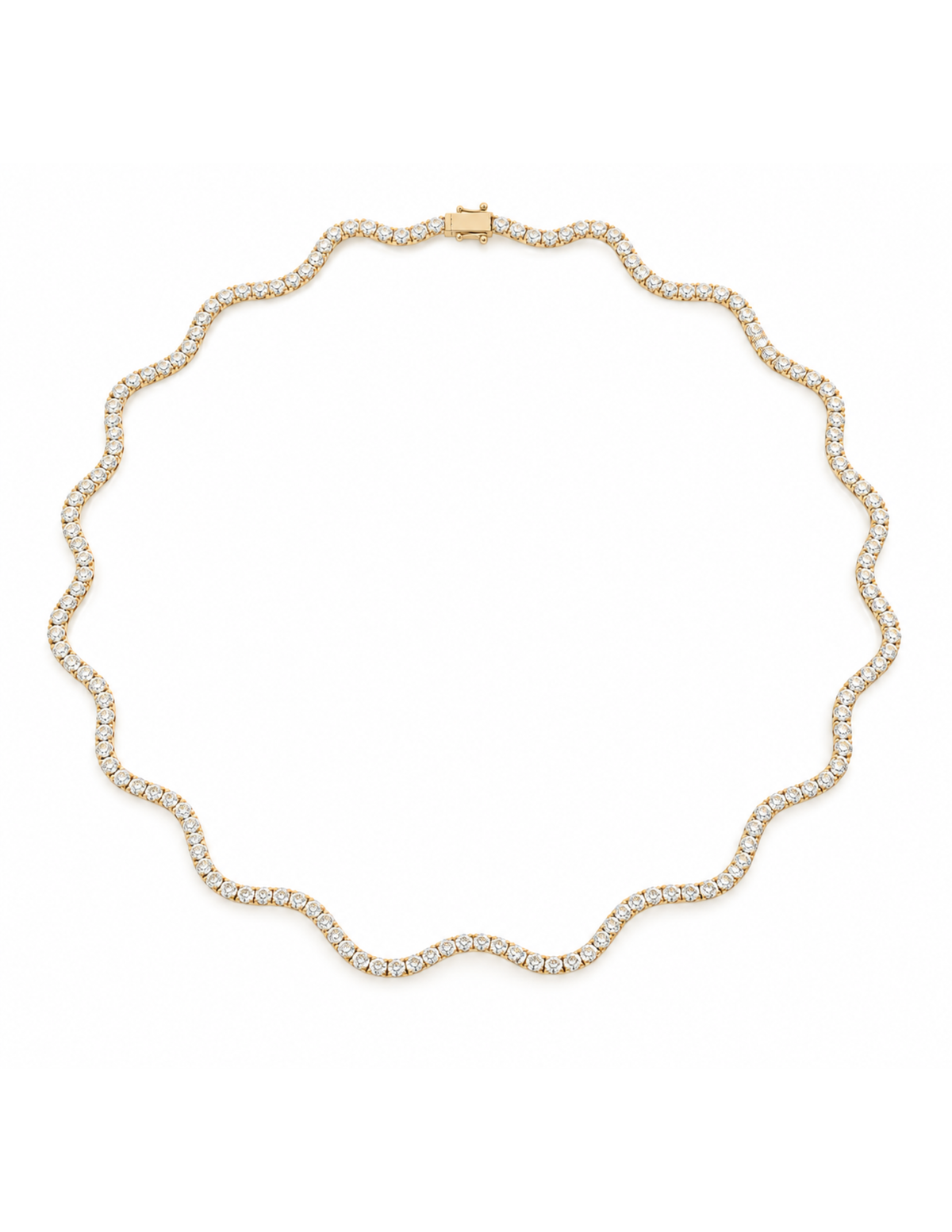 A scalloped wavy chain necklace paved with small clear stones in a yellow gold setting, displayed on a clean white background.