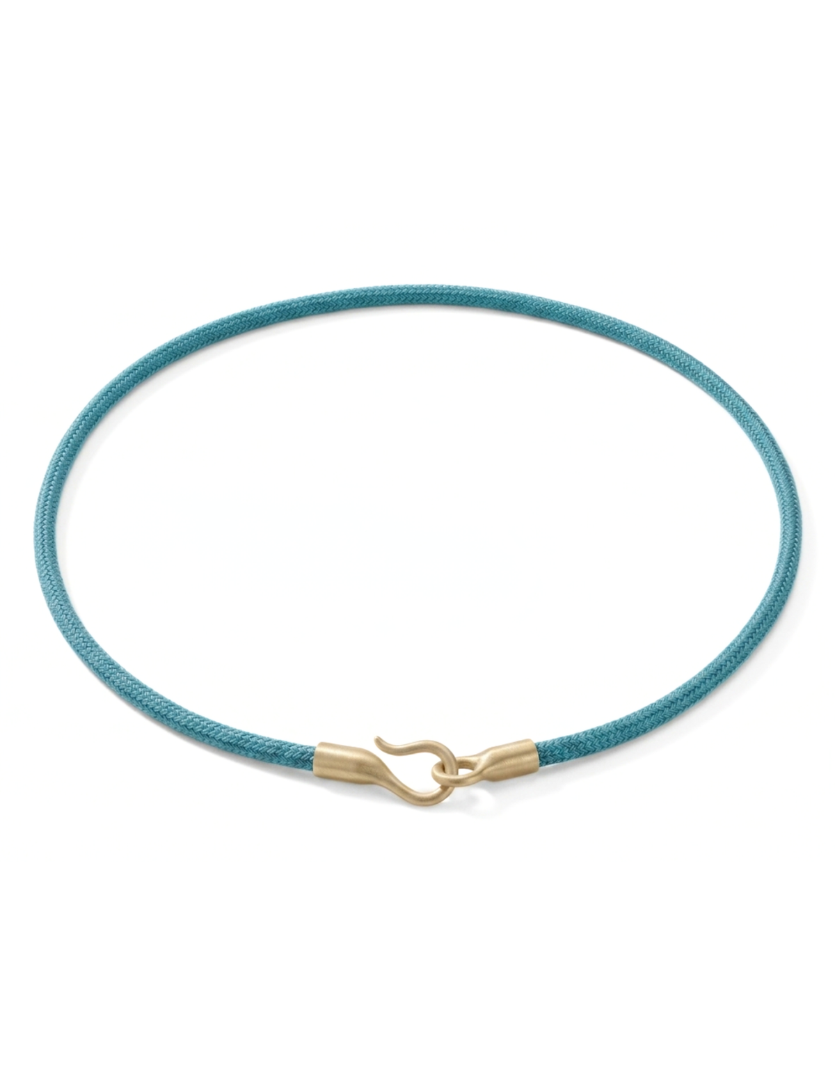 Teal cord necklace with gold clasp on a white background