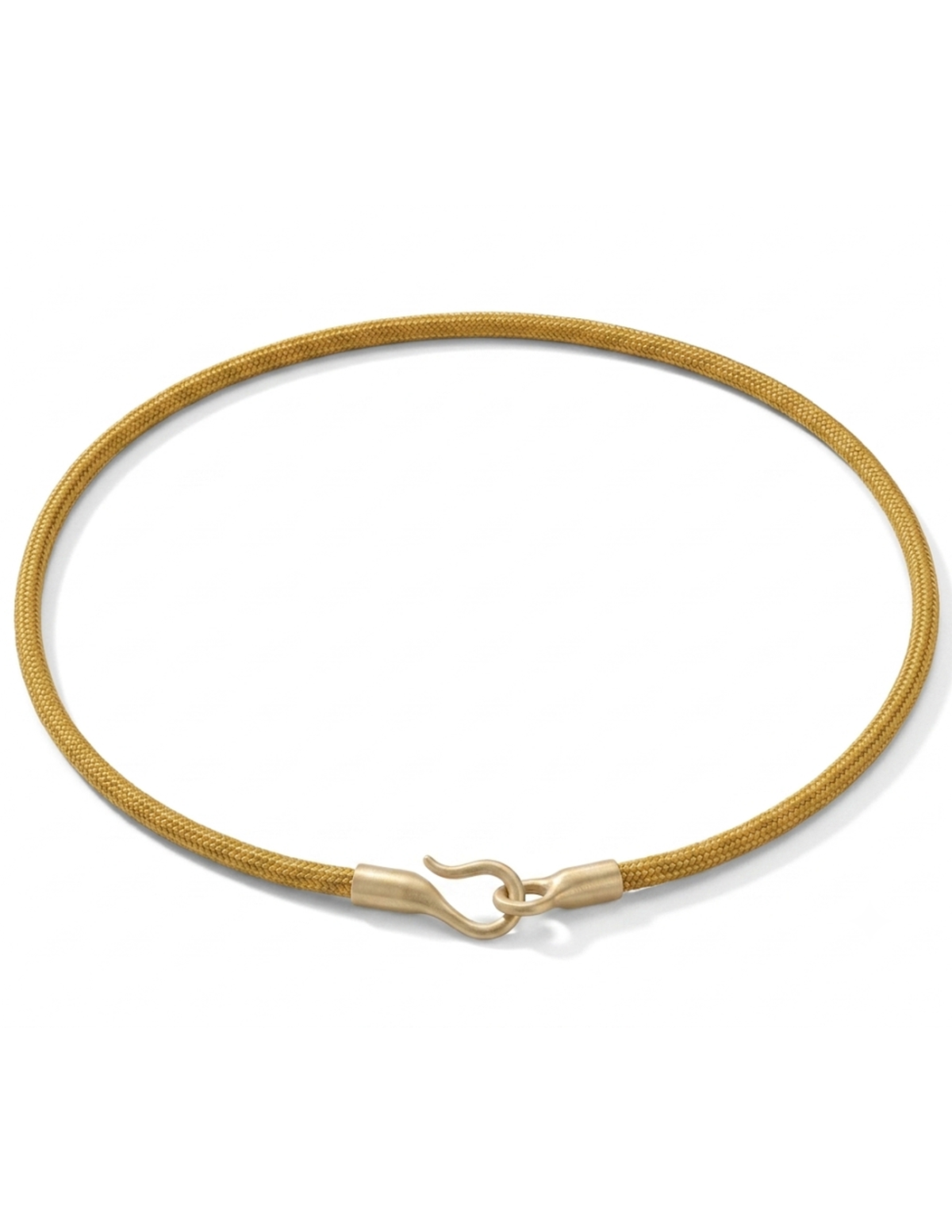 Gold-colored necklace with a clasp on a white background