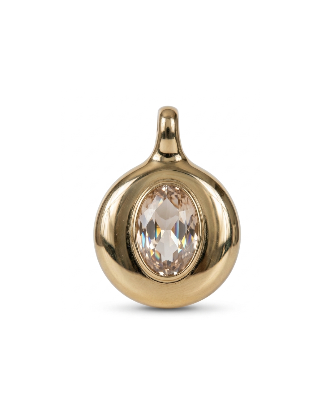 A polished gold teardrop-shaped pendant featuring a central marquise-cut iridescent gemstone, set against a clean white background.