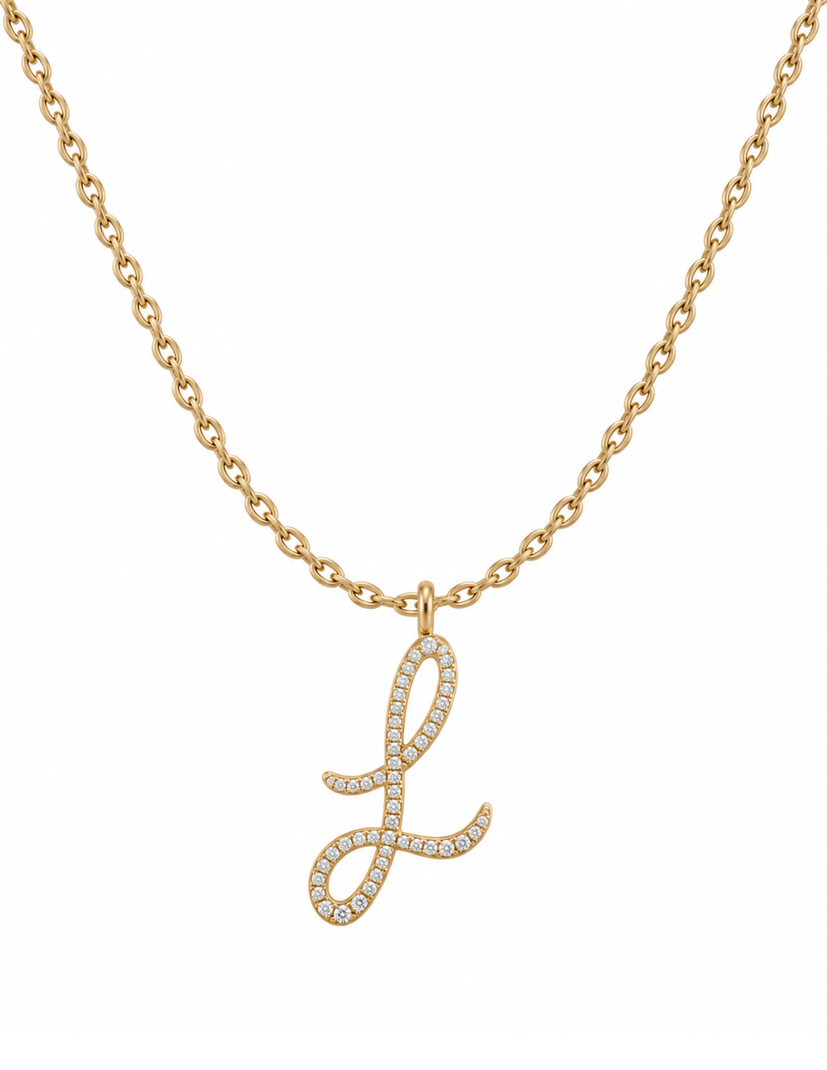 A gold chain necklace featuring a cursive script letter 'L' pendant paved with small clear stones, shown against a plain white background.