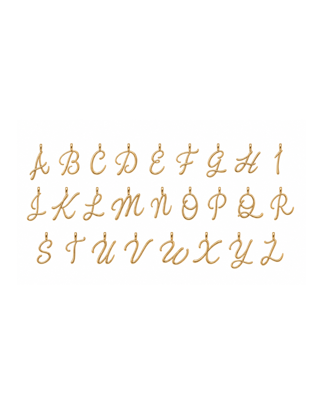 Gold metallic alphabet letters A through Z arranged in three rows on a plain white background.