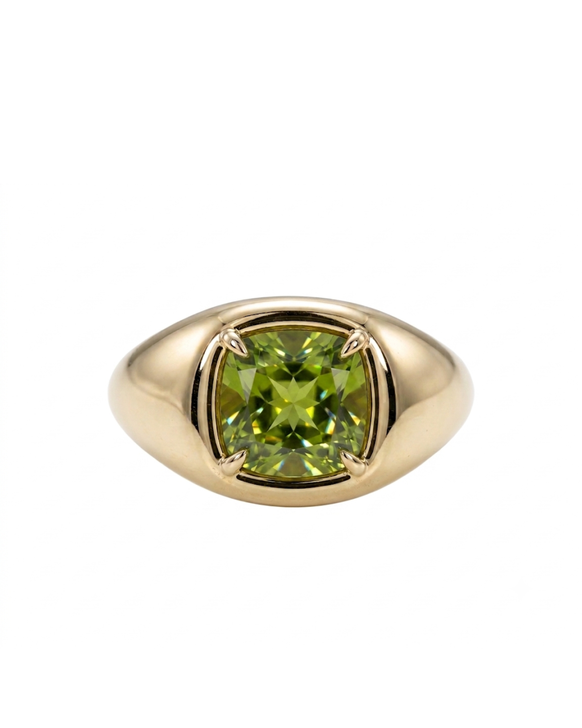 A gold signet-style ring featuring a cushion-cut green peridot gemstone in a four-prong setting, shown against a plain white background.