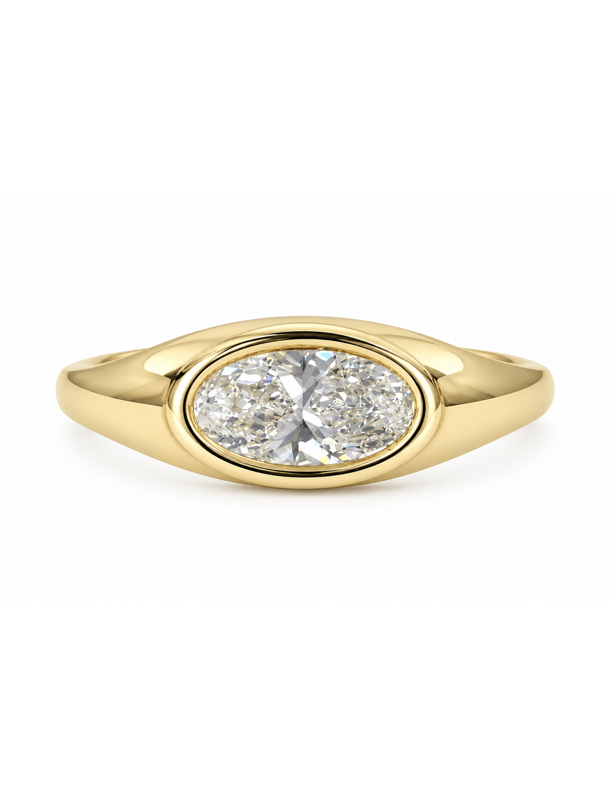 A yellow gold oval signet ring featuring a large, round brilliant-cut diamond center stone, set against a clean white background.